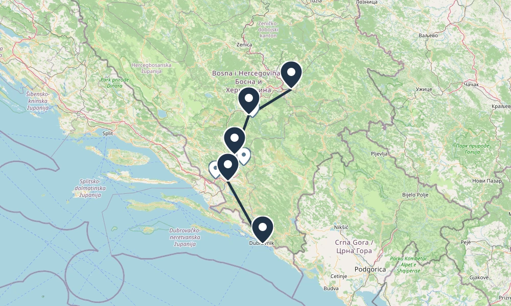 Route map: Dubrovnik to Pocitelj to Mostar to Konjic to Sarajevo