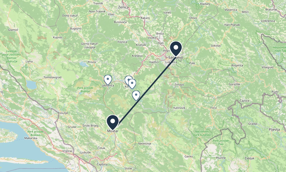 Route map: Sarajevo to Mostar